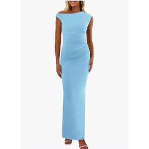 Pretty Garden Womens Formal XL One Shoulder Ruched Maxi Dress Light Blue Wedding